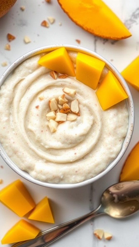 A bowl of coconut quinoa pudding topped with mango and almonds, set in a rustic environment.